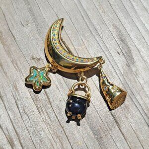 Swarovski Brooch/Pin, Gold Tone, Crescent Moon Witch Hat Star Cauldron Dangles